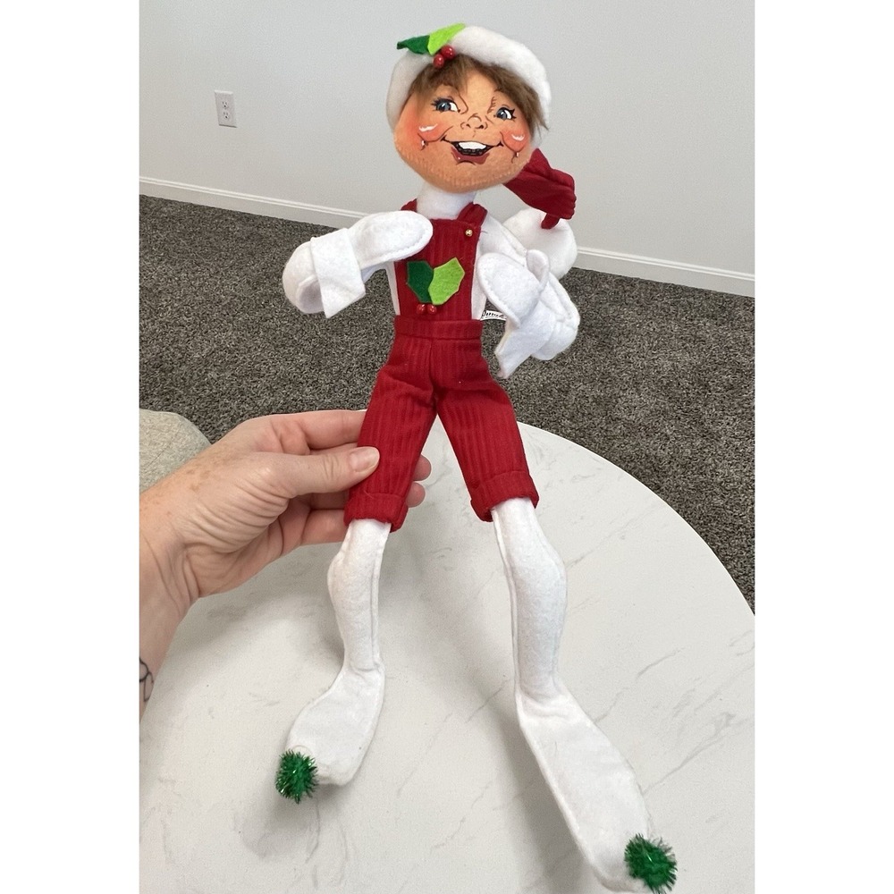 Annalee 2009 Christmas Elf Doll 15" Red Overalls White Hat Holiday Decoration